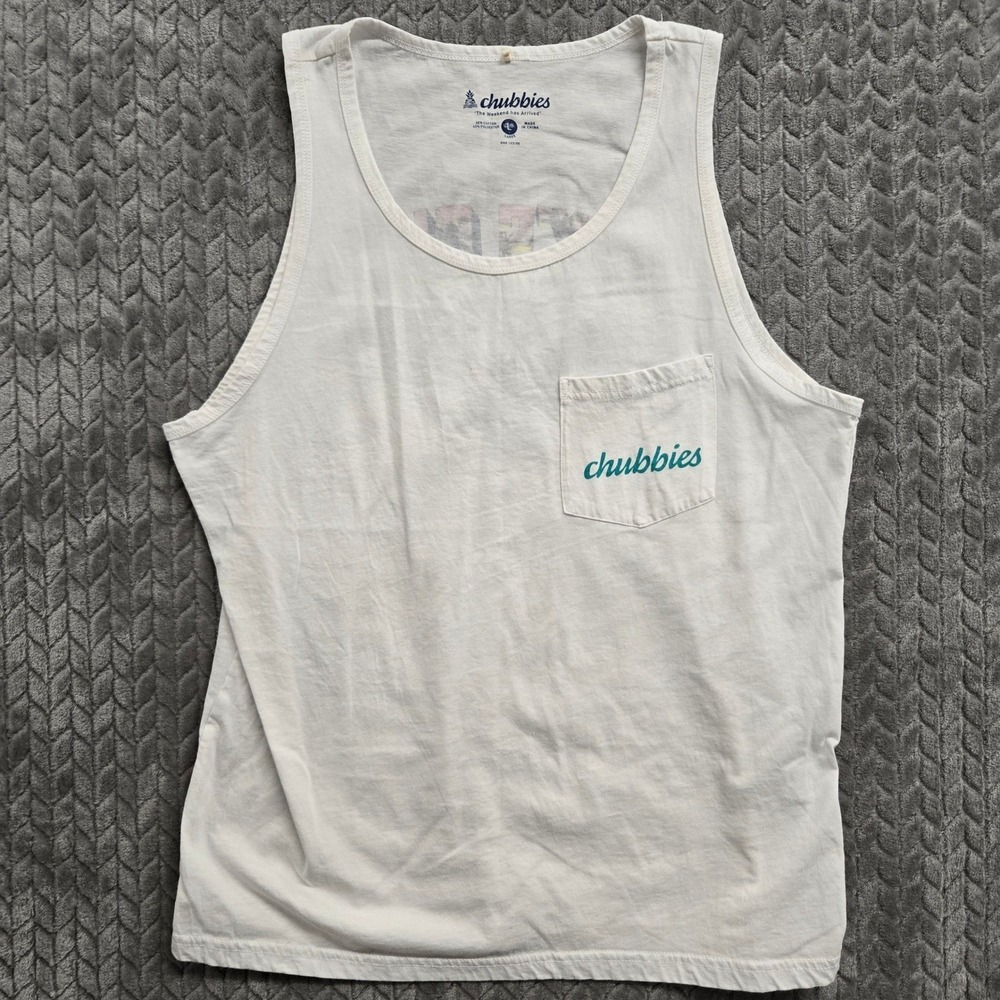 Chubbies Mens White "Sky's Out Thigh's Out" Graphic Tank Top Large Tropical